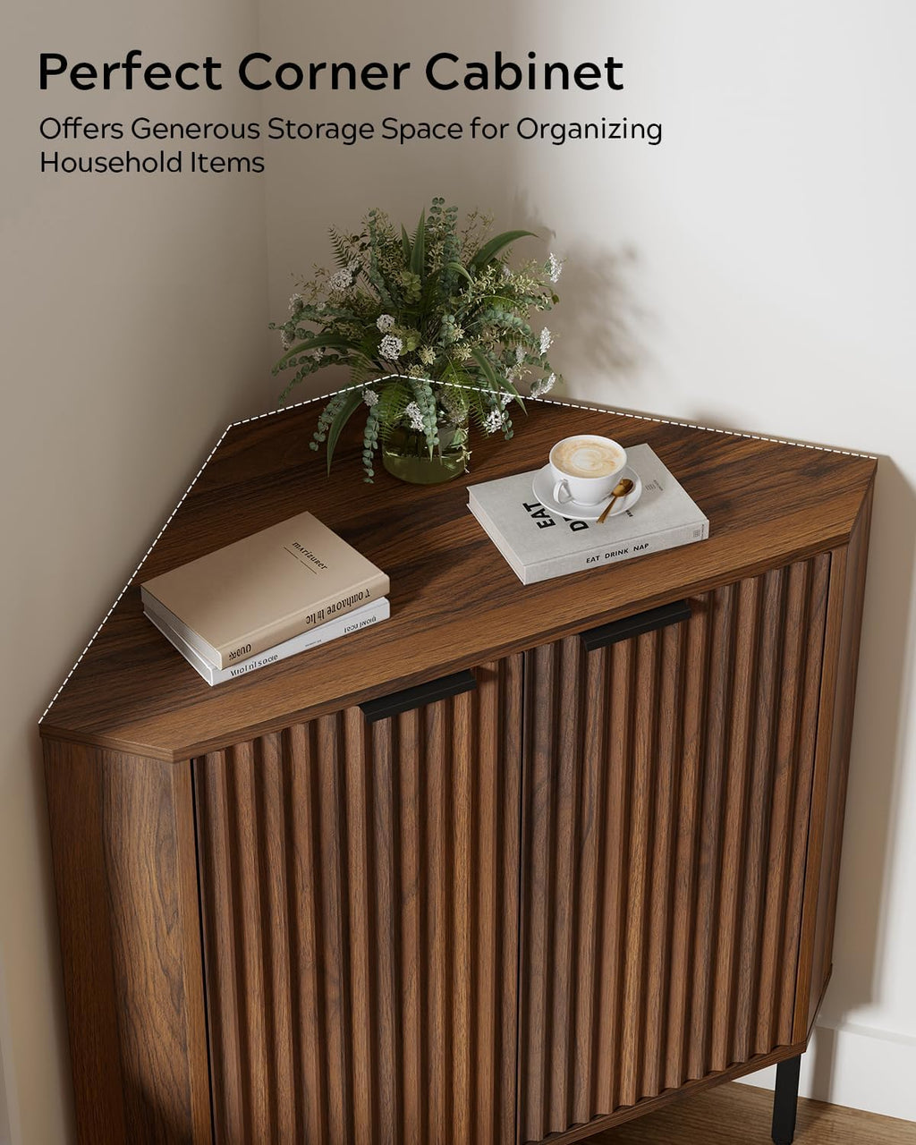 Fluted Corner Cabinet, Modern Small Floor Storage Cabinet with Adjustable Shelf, Wood Freestanding Narrow Organizer for Living Room Kitchen, Brown