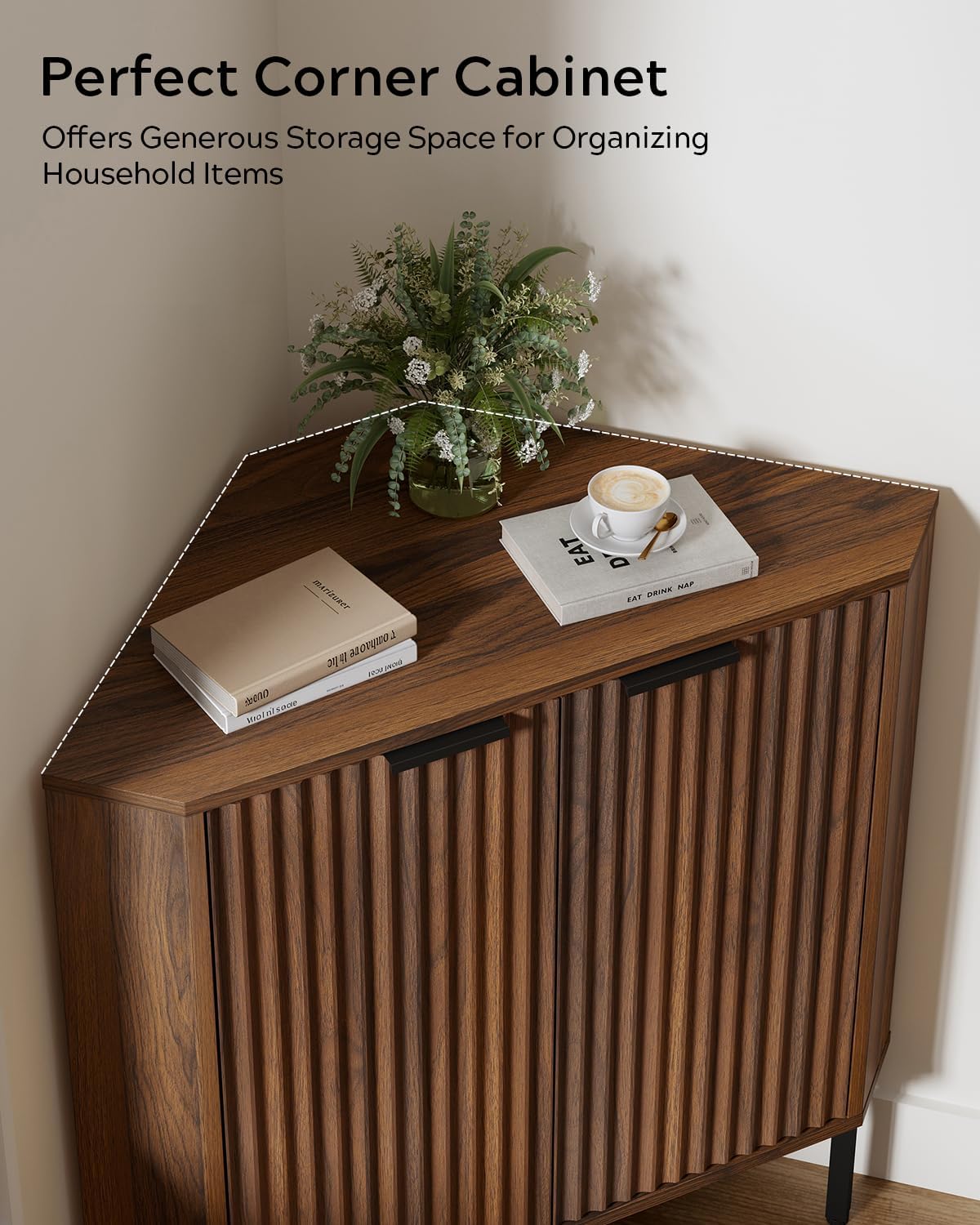 Fluted Corner Cabinet, Modern Small Floor Storage Cabinet with Adjustable Shelf, Wood Freestanding Narrow Organizer for Living Room Kitchen, Brown