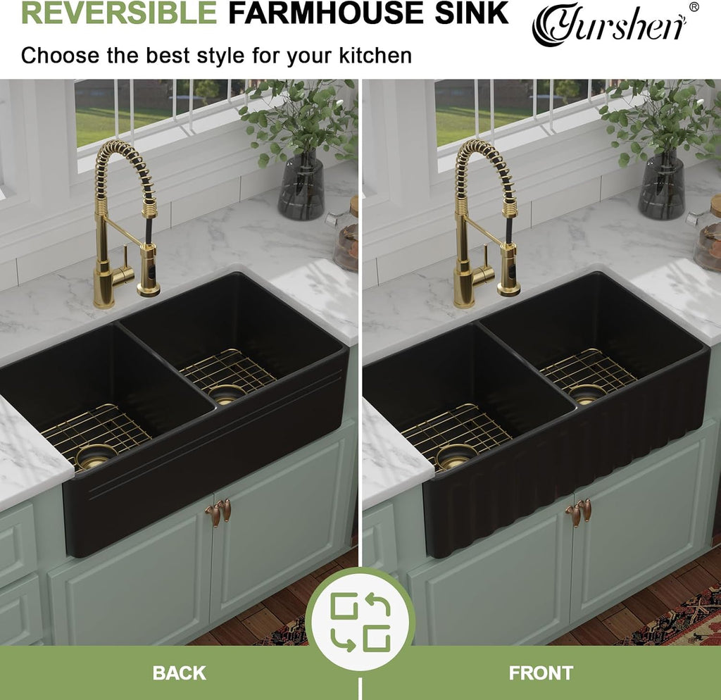 33' Black Ceramic Porcelain Kitchen Sinks, Apron Front Farmhouse Sink with Gold Accessories, Deep Double Bowl Sink for Farm Barn Basin, 33'x18'x10'