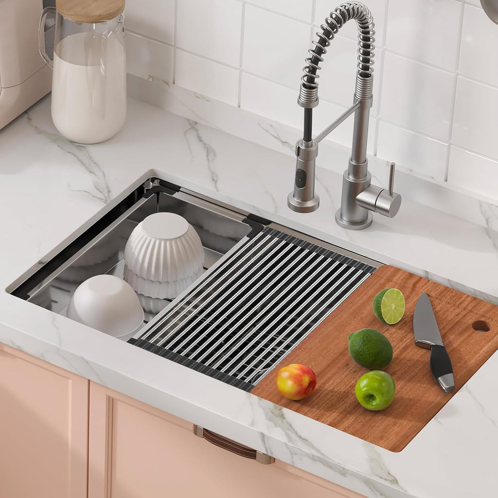 VEVOR 30 inch Kitchen Single Sink, 304 Stainless Steel Undermount Sink Drop-In Single Bowl Farmhouse Basin with Ledge & Multiple Accessories, Household Dishwasher Sinks for Prep Kitchen, Bar 30'*19'