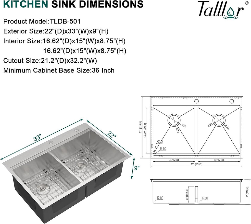 33x22 Double Bowl Drop In Kitchen Sink - Workstation All-In One 16 Gauge T-304 Stainless Steel Low Divide Topmount 2 Pre-drill Holes Sink with Accessories for Kitchen#TLDB-501