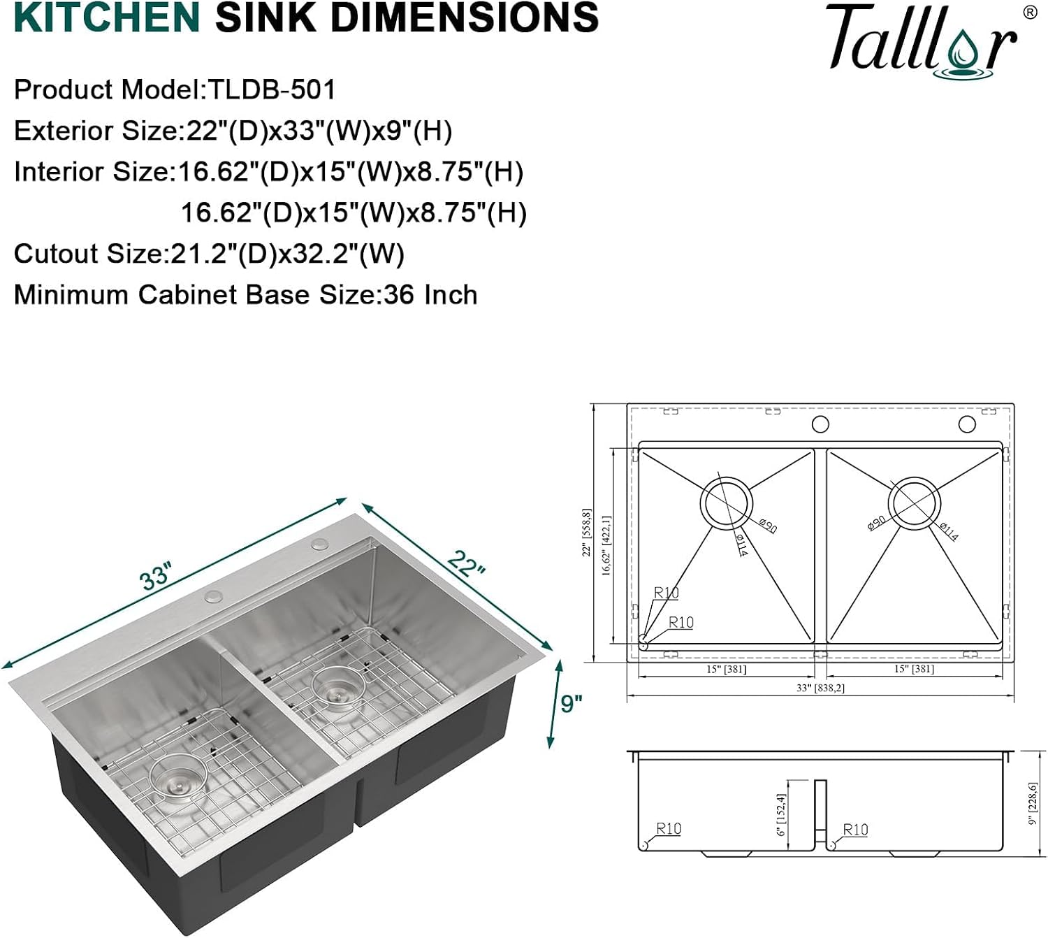 33x22 Double Bowl Drop In Kitchen Sink - Workstation All-In One 16 Gauge T-304 Stainless Steel Low Divide Topmount 2 Pre-drill Holes Sink with Accessories for Kitchen#TLDB-501