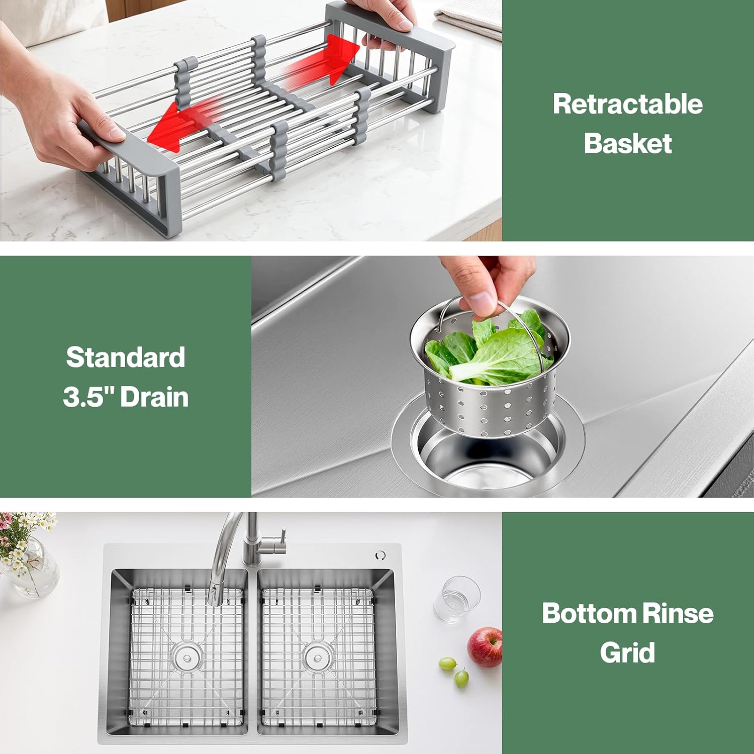 33' x 22' x 9' Drop-In Double Bowl Kitchen Sink, Topmount Stainless Steel with Satin Finish, Soundproofing & Protective Bottom Grid