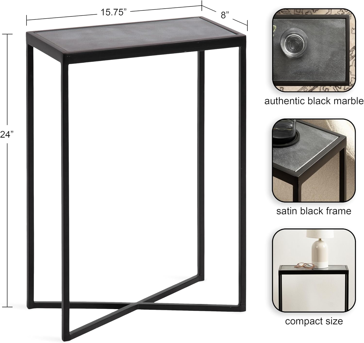 Kate and Laurel Jaspur Modern Slim Side Table, 16 x 8 x 24, Black Marble and Black, Decorative Glam Narrow End Table for Use as Skinny Bedroom Nightstand or Living Room Accent Table
