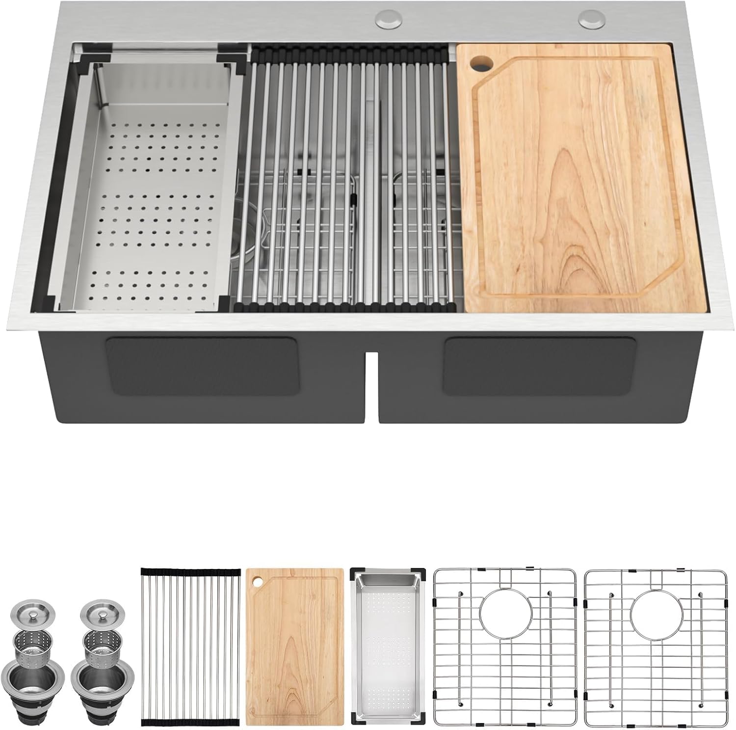 36 Inch Drop-In Double Bowl Kitchen Sink, 50/50 Low Divide 16 Gauge 304 Stainless Steel Workstation All-In One Large Sink with Accessories, Brushed Finish #TLDB-503