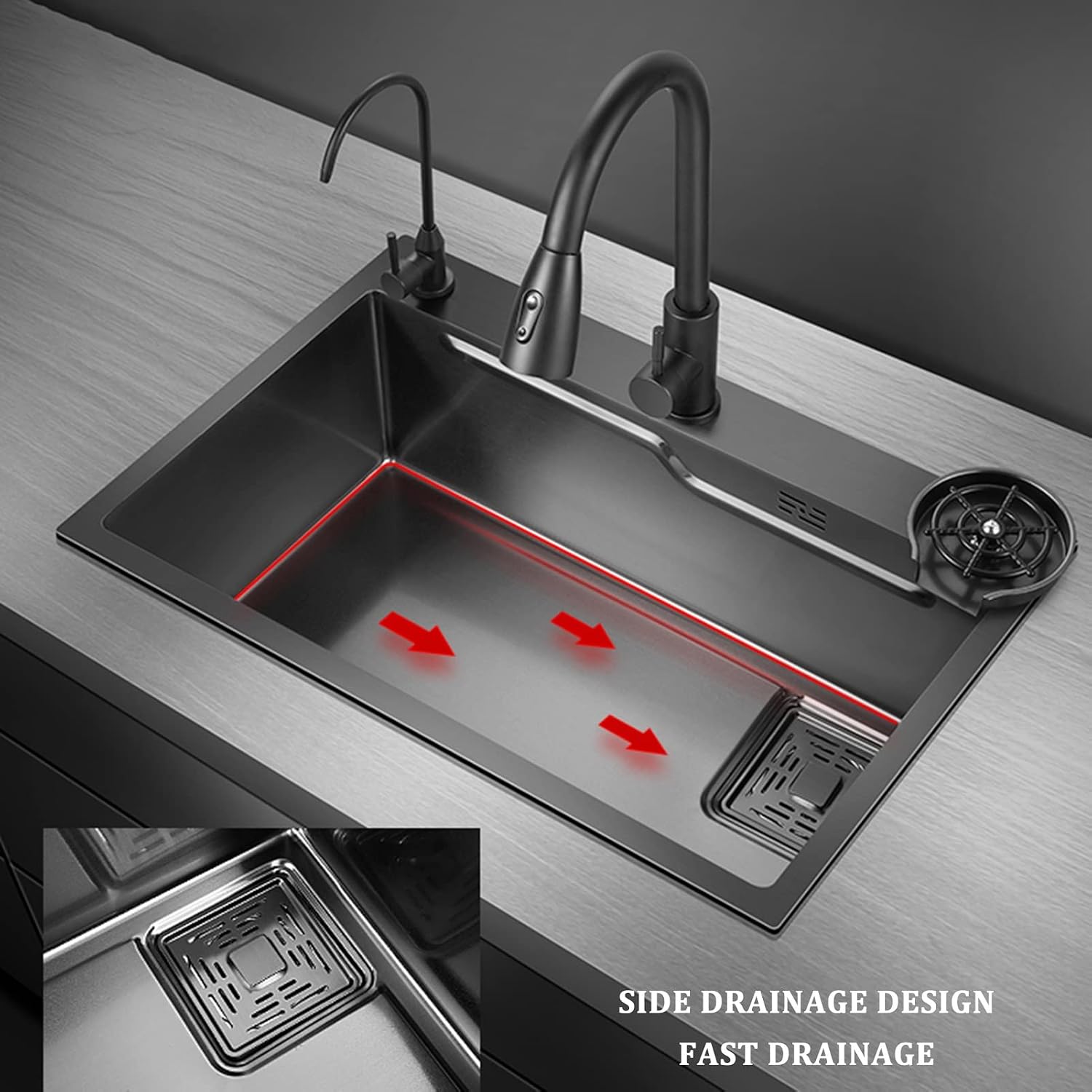 304 Stainless Steel Kitchen Sink Multi-functional Ladder Type Bar Sink Single Bowl RV Sink with Pull-Out Faucet and Cup Washer Drop-in Or Under Mount (Color : Black, Size : 75x45x20cm) (Black 68x4