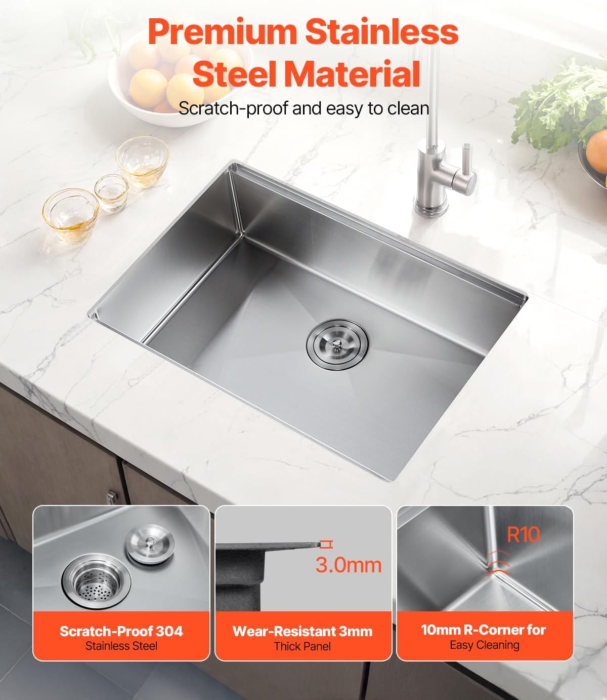 VEVOR 27 inch Kitchen Single Sink, 304 Stainless Steel Undermount Sink Drop-In Single Bowl Farmhouse Basin with Ledge & Multiple Accessories, Household Dishwasher Sinks for Prep Kitchen, Bar 27'*19'