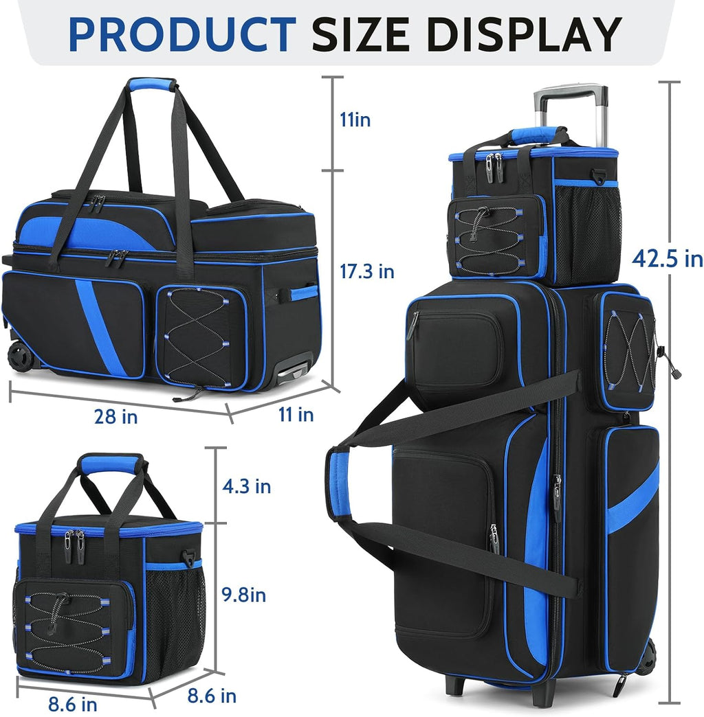 4 Ball Bowling Bag with Wheels, 3 Ball Bowling Bags Roller with 1 Ball Add On Bag, Multi-Pockets & Shoe Compartment (Fits Up to Size 16)