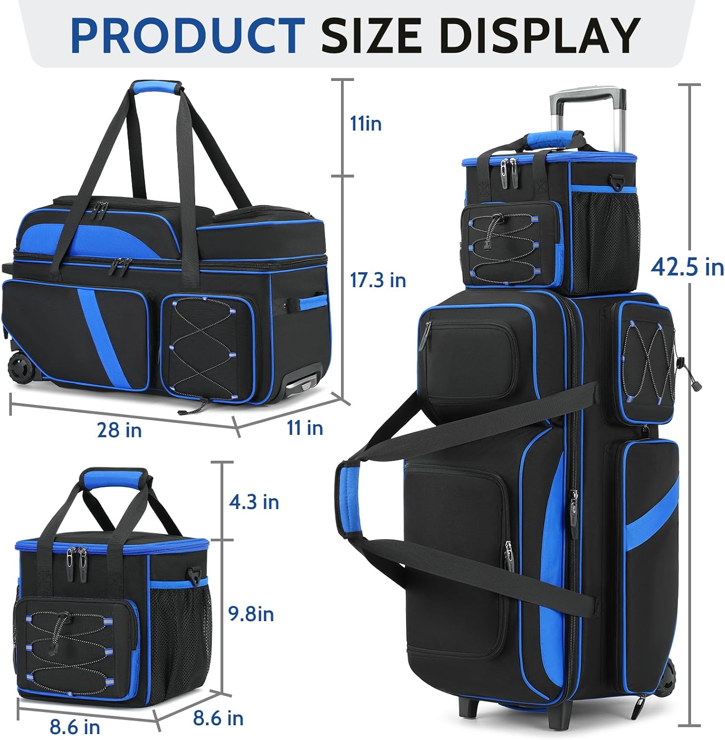4 Ball Bowling Bag with Wheels, 3 Ball Bowling Bags Roller with 1 Ball Add On Bag, Multi-Pockets & Shoe Compartment (Fits Up to Size 16)