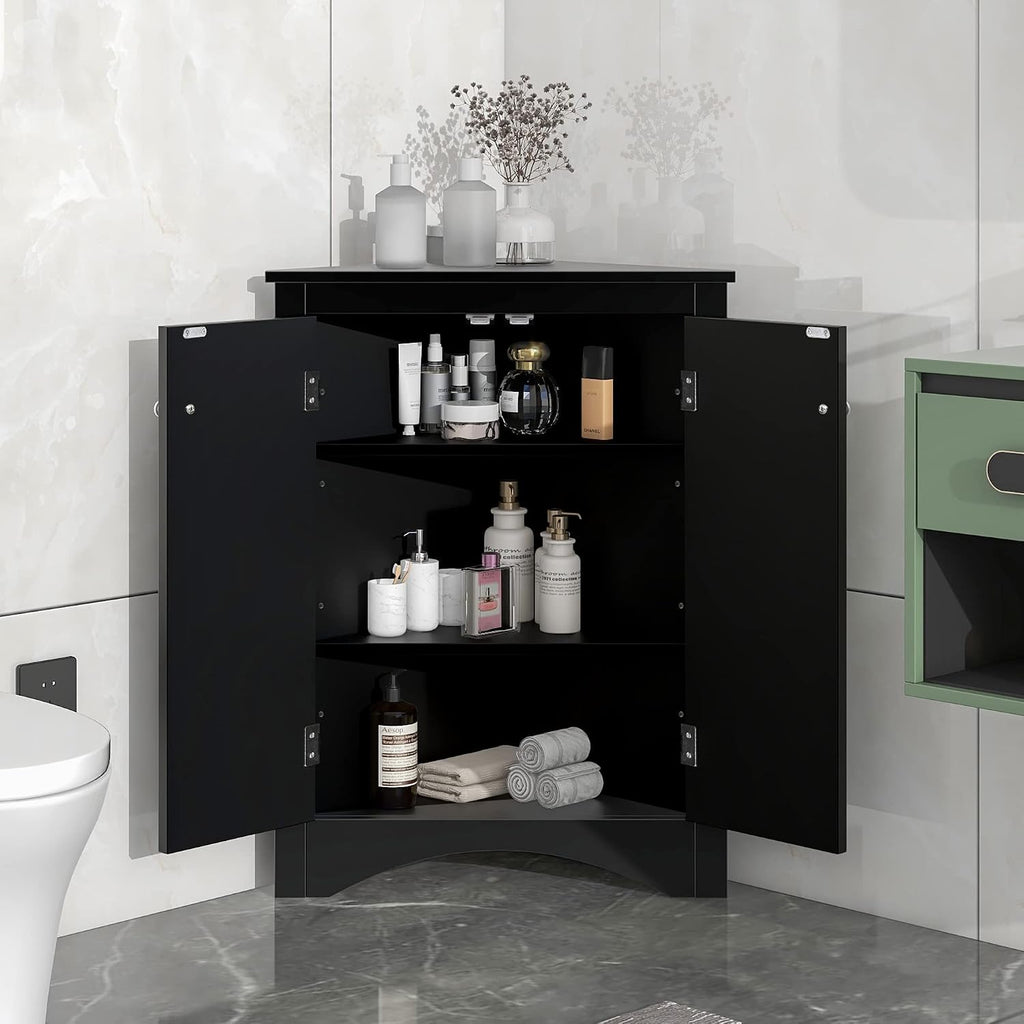 Corner Cabinet with Adjustable Shelves and Doors, Freestanding Bathroom/Kitchen/Living Room Floor Storage Organizer, MDF Boards