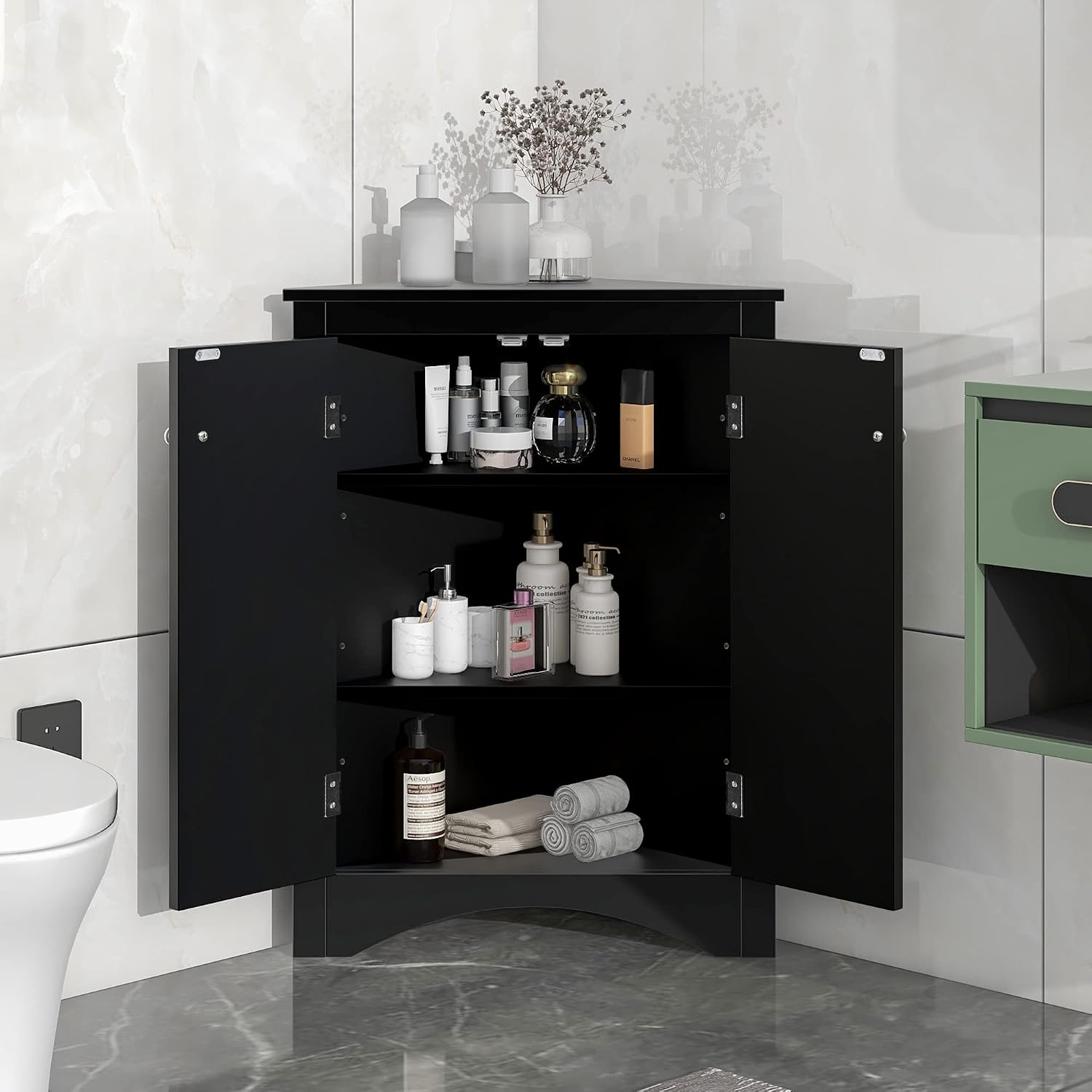 Corner Cabinet with Adjustable Shelves and Doors, Freestanding Bathroom/Kitchen/Living Room Floor Storage Organizer, MDF Boards