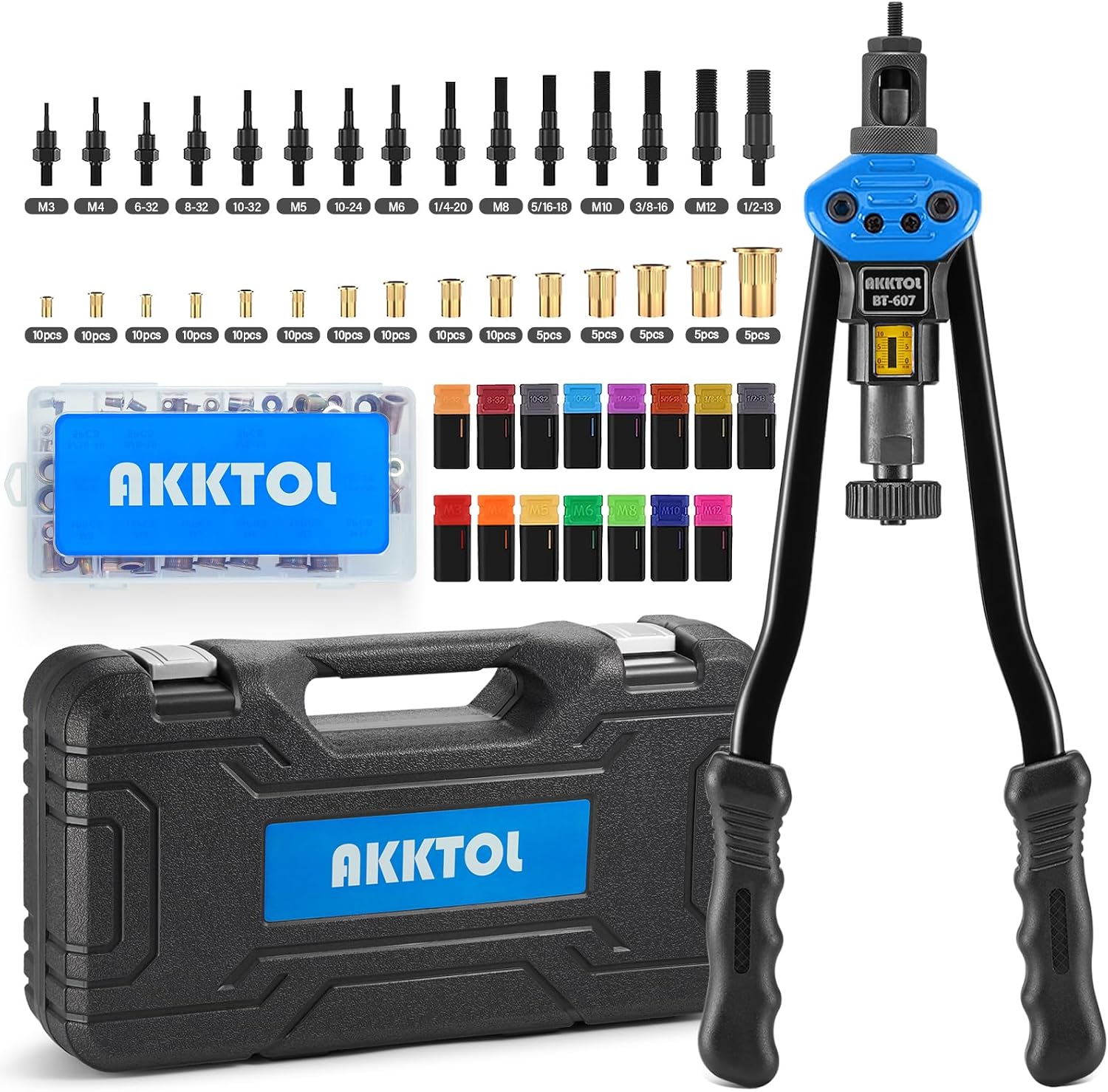 AKKTOL Pop Rivet Gun Kit BT811 + Rivet Nut Tool Kit BT607 + Rivet Nuts Assortment Kit