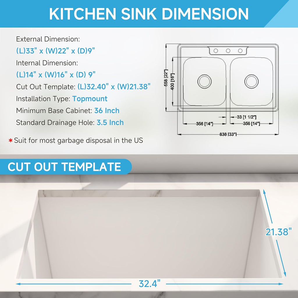 33 Inch Drop In Double Bowl Kitchen Sink, 33x22 Topmount 18 Gauge 304 Stainless Steel 50/50 Kitchen Sinks, Three Holes with Basket Strainer, 33' x 22' x 9'