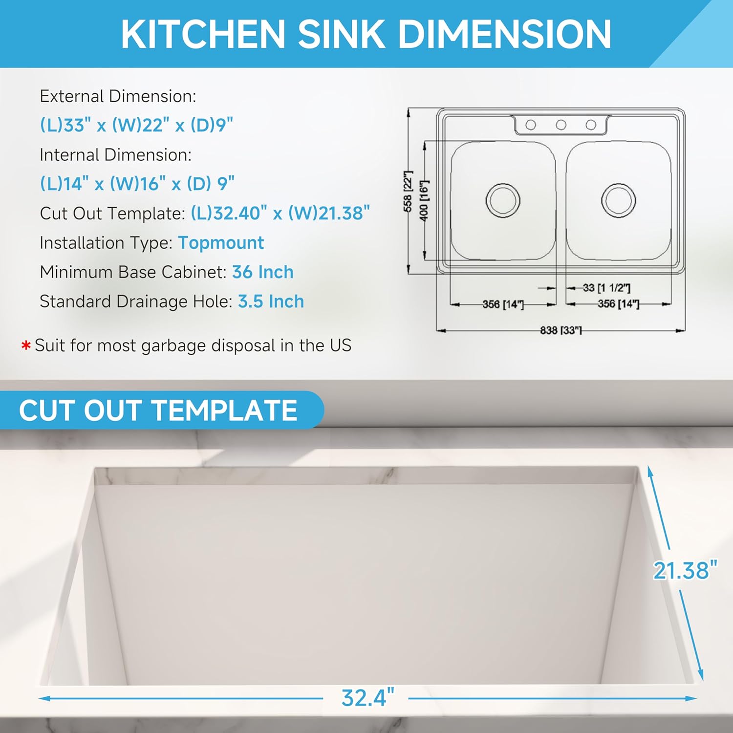 33 Inch Drop In Double Bowl Kitchen Sink, 33x22 Topmount 18 Gauge 304 Stainless Steel 50/50 Kitchen Sinks, Three Holes with Basket Strainer, 33' x 22' x 9'