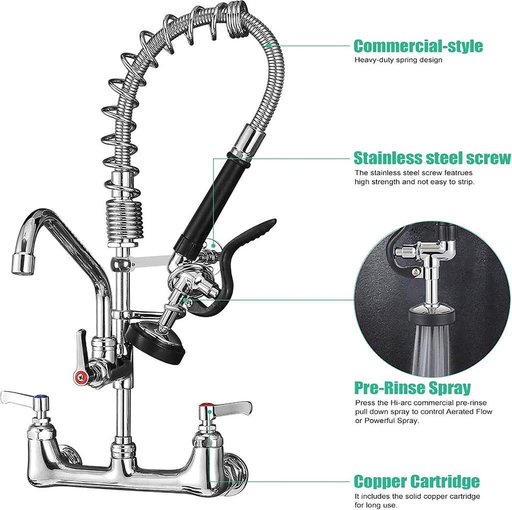 Commercial Faucet with Sprayer 21' Height 8' Center Wall Mount Kitchen Sink Faucet Brass Constructed Polished Chrome Pre-Rinse Device with Spring and 8' Add-on Spout