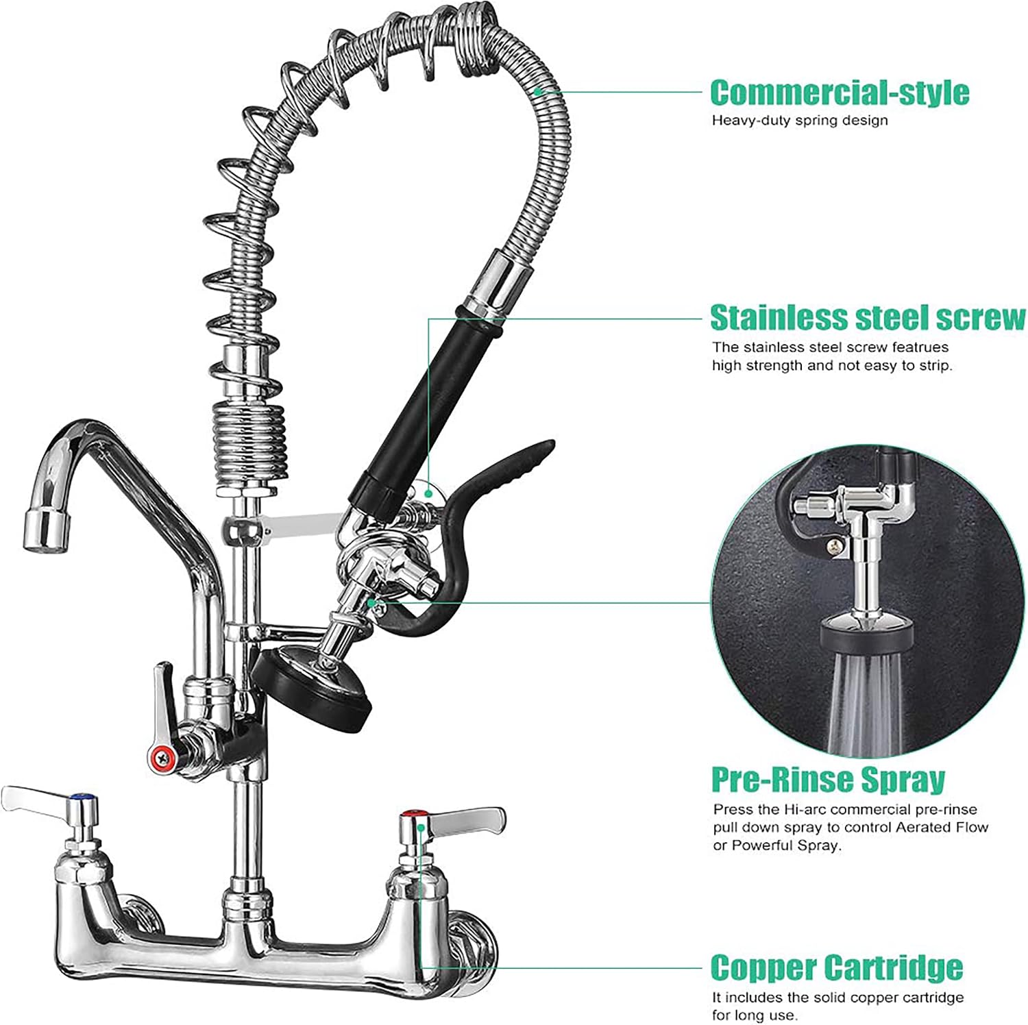 Commercial Faucet with Sprayer 21' Height 8' Center Wall Mount Kitchen Sink Faucet Brass Constructed Polished Chrome Pre-Rinse Device with Spring and 8' Add-on Spout