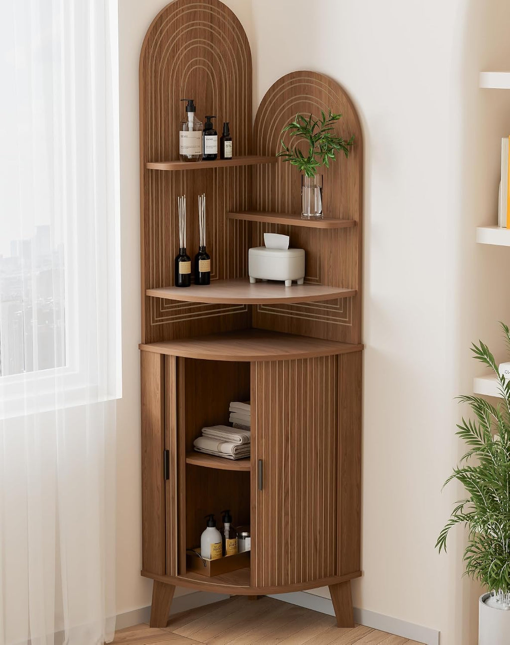 Small Corner Cabinet with Sliding Door and Storage, Tall Corner Bathroom Cabinet for Kitchen, Living Room, Corner Shelf Display Storage Cabinet, Walnut