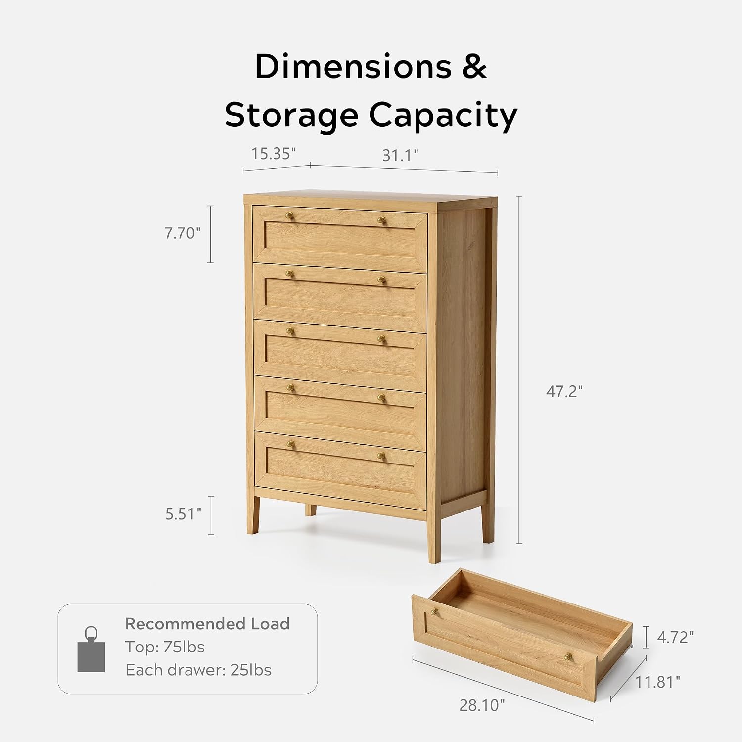 EYYTHUNG 5 Drawer Dresser Farmhouse 47' Tall Wood Closet Chest of Drawers Modern Storage Dressers Organizer for Bedroom Living Room, Entryway, Hallway, Natural Oak