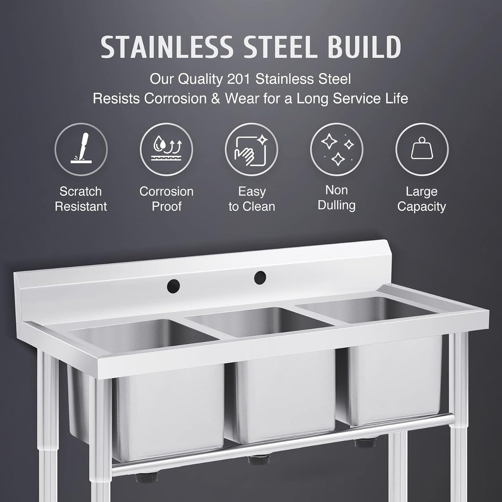 Wilprep Commercial Stainless Steel Sink with 3 Compartments, Free Standing Restaurant Sink Station with Strainer, Kitchen Prep & Utility Sink for Home Garage Bar, 39'' W × 17.7'' D × 37.4'' H, Silver