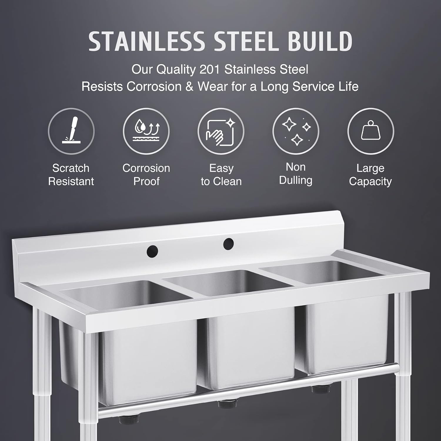 Wilprep Commercial Stainless Steel Sink with 3 Compartments, Free Standing Restaurant Sink Station with Strainer, Kitchen Prep & Utility Sink for Home Garage Bar, 39'' W × 17.7'' D × 37.4'' H, Silver