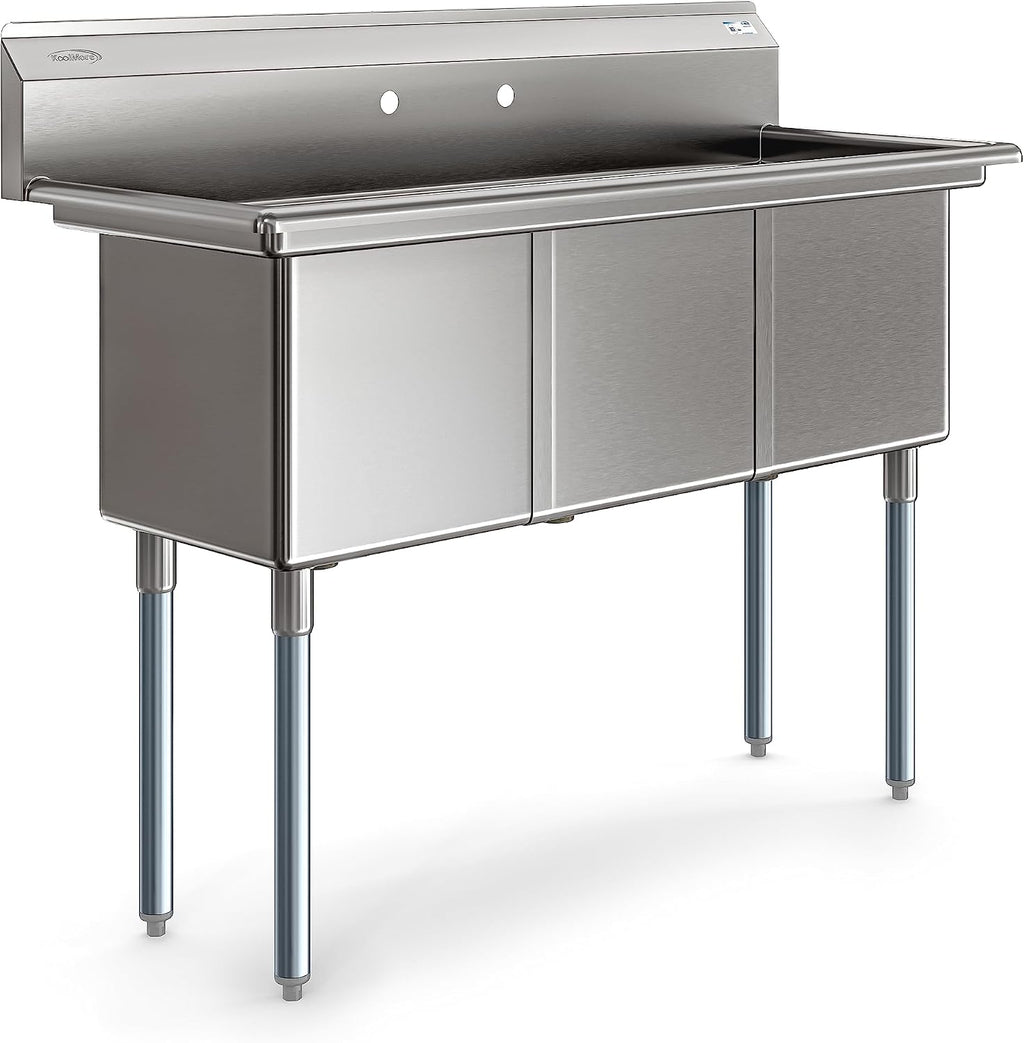KoolMore 51 in. Three Compartment 16-Gauge Stainless-Steel Commercial Kitchen Sink, Bowl Size 15x15x14, with Three Basins for Washing and Rinsing Dishes and Pre-Drilled Faucet Holes (KM-SC151514-N316)