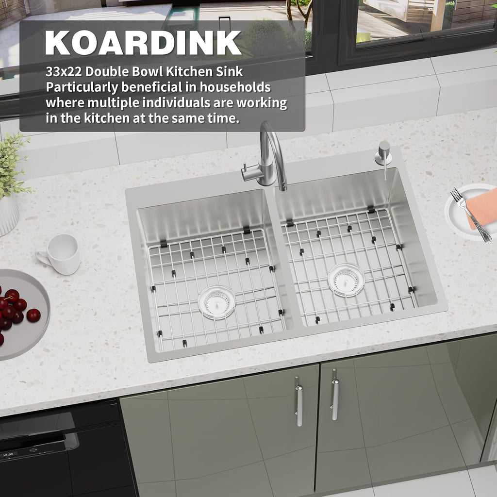 Stainless Steel 50/50 Double Bowl 33x22x9 Inch Drop In Kitchen Sink - Topmount Modern Style, Combo-Sink Grid, Silicon Mat, Drain Assembly