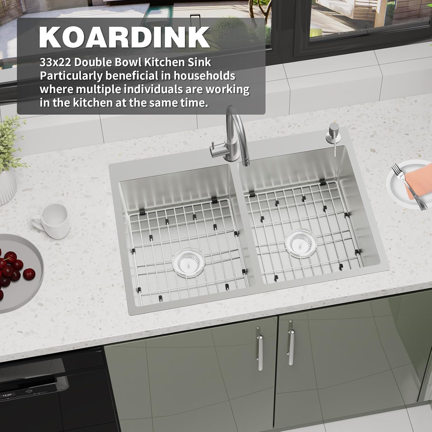 Stainless Steel 50/50 Double Bowl 33x22x9 Inch Drop In Kitchen Sink - Topmount Modern Style, Combo-Sink Grid, Silicon Mat, Drain Assembly