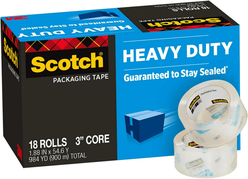 Scotch Heavy Duty Packaging Tape, 1.88' x 54.6 yd, Designed for Packing, Shipping and Mailing, Strong Seal on All Box Types, 3' Core, Clear, 18 Rolls (3850-18CP)