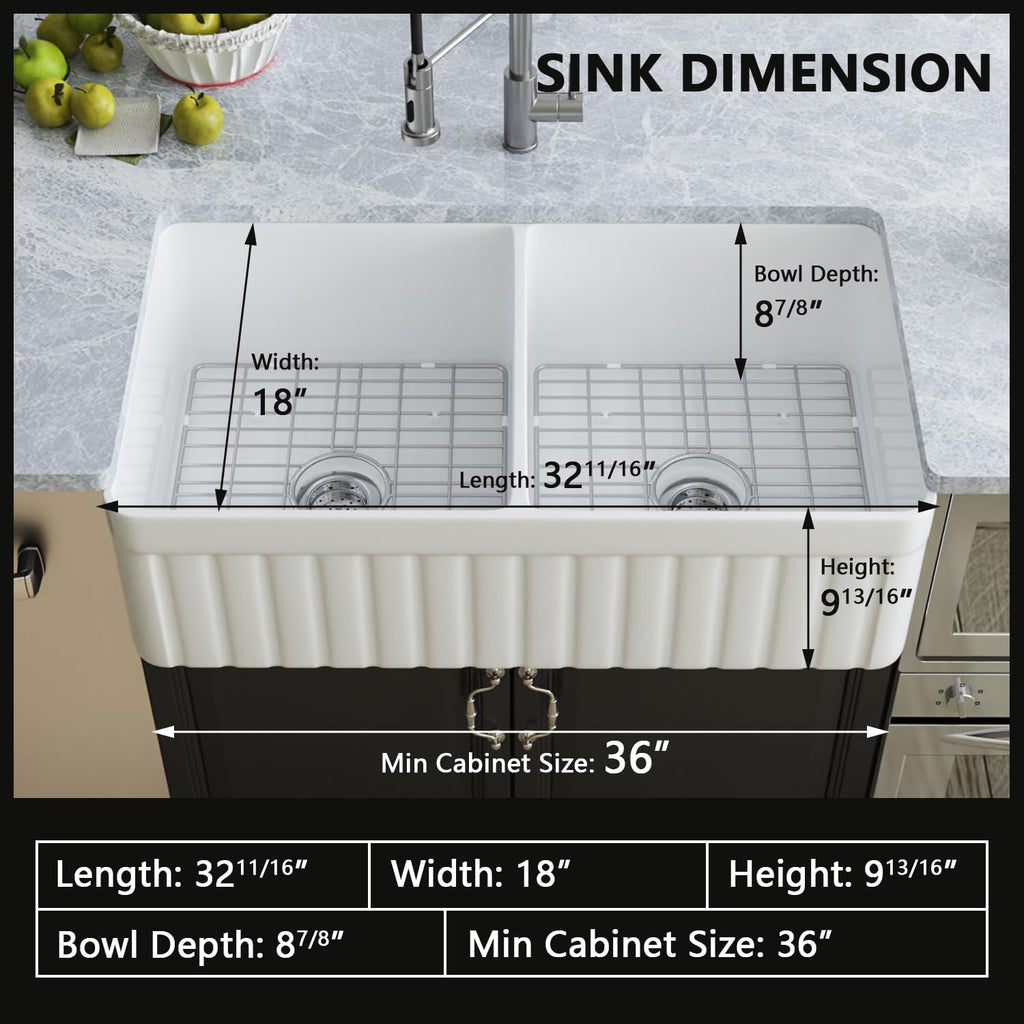 DeerValley Double Bowl Farmhouse Kitchen Sink 33 Inch, Fireclay Farm Sinks, Reversible Apron Front Deep Drop In Kitchen Sinks with Bottom Grid and Strainer