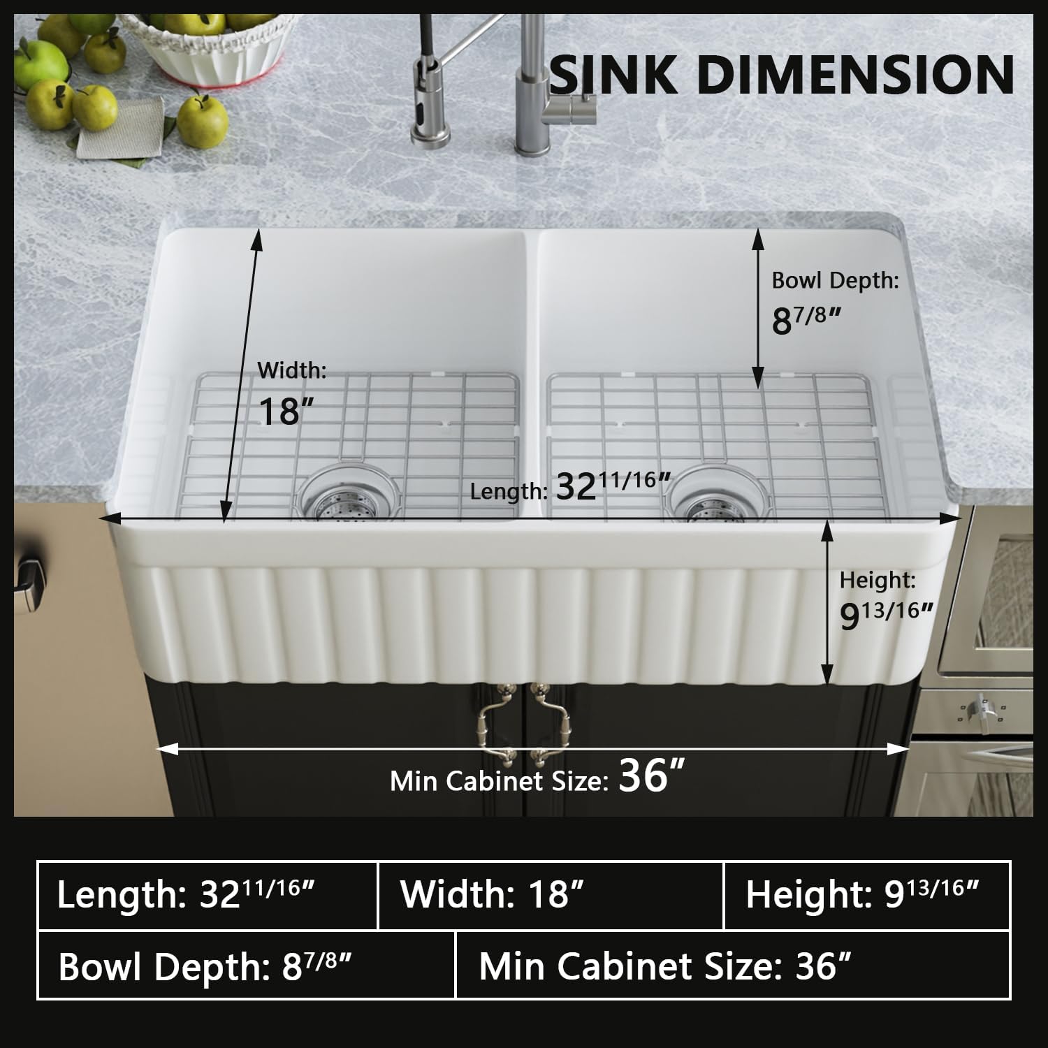 DeerValley Double Bowl Farmhouse Kitchen Sink 33 Inch, Fireclay Farm Sinks, Reversible Apron Front Deep Drop In Kitchen Sinks with Bottom Grid and Strainer
