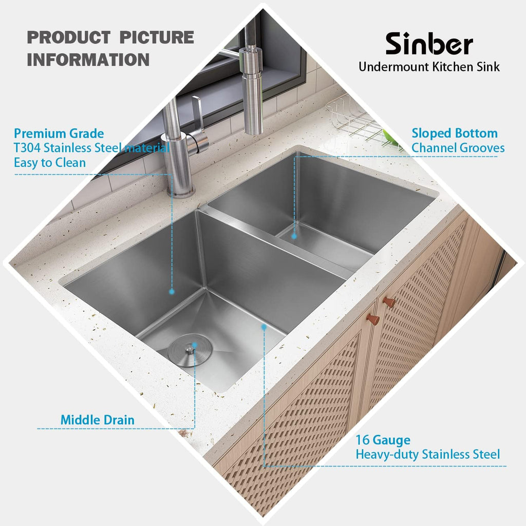 Sinber HU3219D-S-16G 32' x 19' x 10' Undermount Double Bowl Kitchen Sink with 16 Gauge 304 Stainless Steel Satin Finish (Sink Only)
