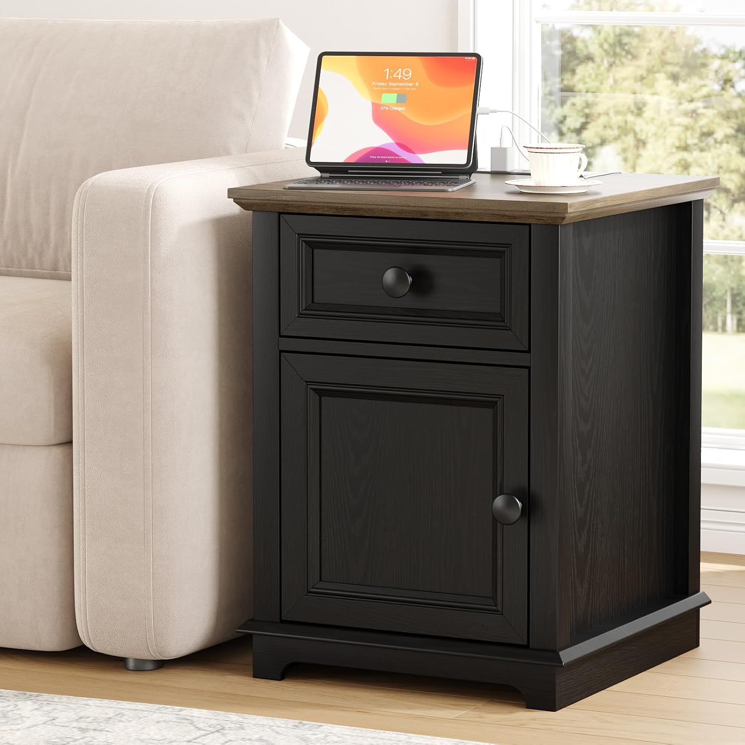 REDAYFUR End Table with Charging Station, Fast Charge, End Table with Drawer, Big Storage Side Table for Living Room/Bedroom, Black