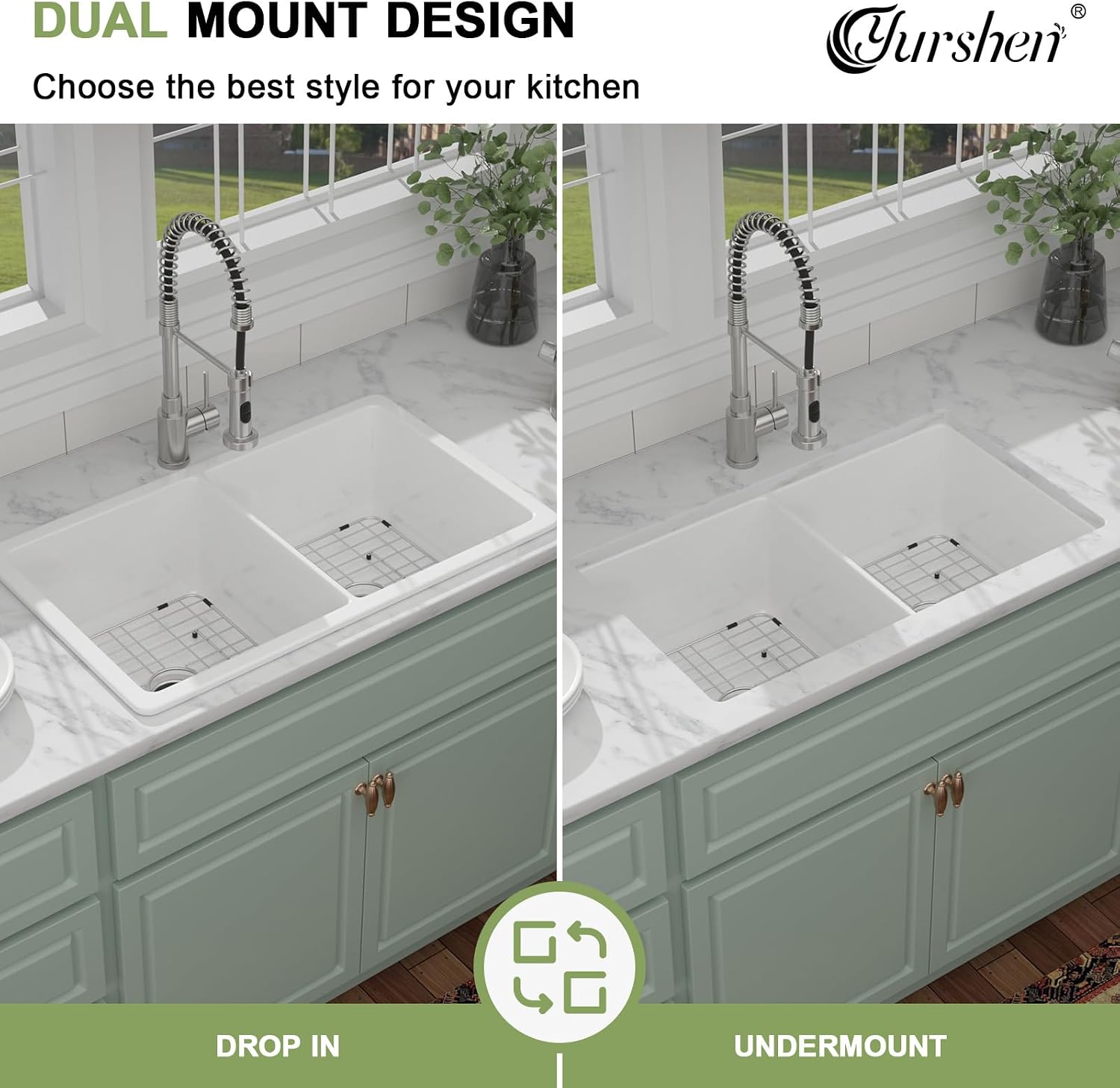 32 Inch White Undermount Kitchen Sink, 32'x19'x10' Fireclay Porcelain Sink, 50/50 Double Bowl Ceramic Kitchen Sinks Large Basin