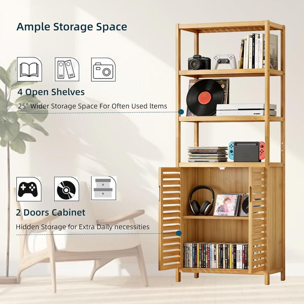 HIFIT 2 Set Tall Shelf Unit Bamboo Storage Cabinet with Doors, 5-Tier Bookshelves and Bookcases with Storage and Display, 67' Tall Cabinet w/Plant Stand for Bathroom,Living Room,Kitchen Dining,Balcony