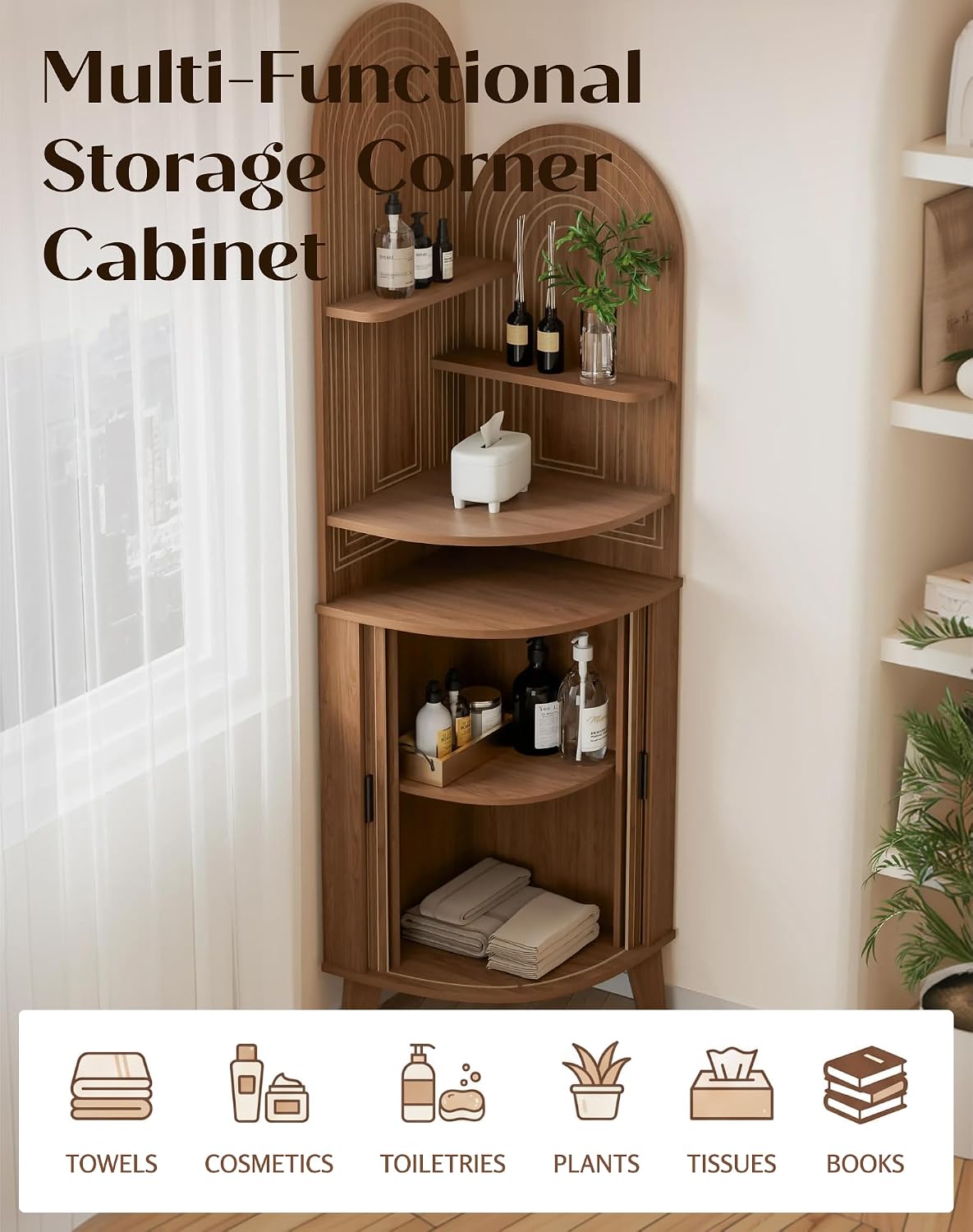 Small Corner Cabinet with Sliding Door and Storage, Tall Corner Bathroom Cabinet for Kitchen, Living Room, Corner Shelf Display Storage Cabinet, Walnut