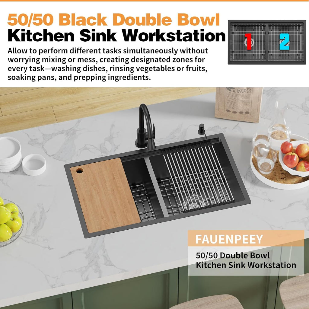 Black 33'x19' Kitchen Sink Workstation - 50/50 Double Bowl Stainless Steel Undermount Kitchen Sink Built-in Ledge Drop In Workstation Sink For Placing/Sliding Accessories-Cutting Board,Drying Rack