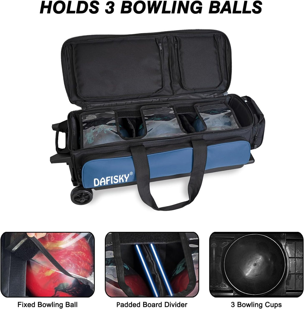 DAFISKY 3 Ball Bowling Bags with Wheels, Roller Bowling Bag with Multiple Pockets Retractable Handle Extends to 38''