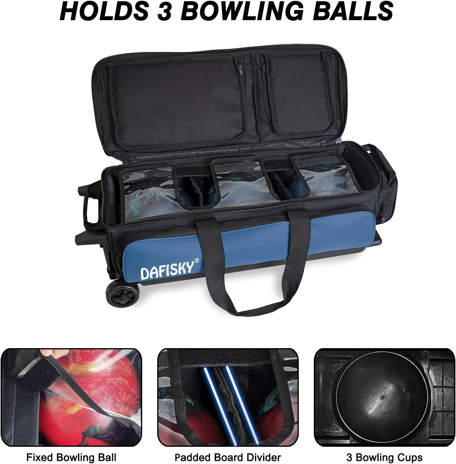 DAFISKY 3 Ball Bowling Bags with Wheels, Roller Bowling Bag with Multiple Pockets Retractable Handle Extends to 38''