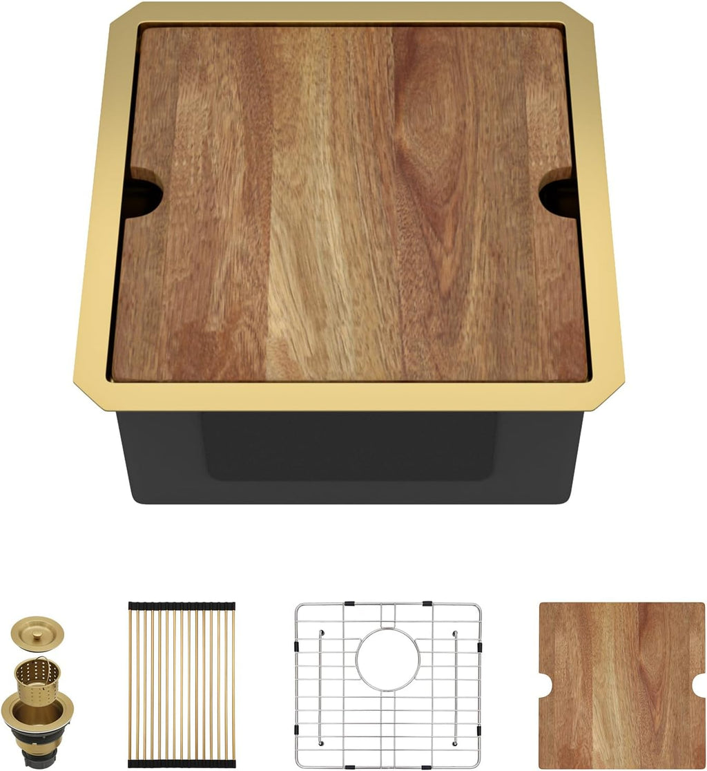 Undermount Bar Sink - 17x17 Inch Workstation Gold Wet Bar Stainless Steel 16 Gauge Single Bowl Under Counter Small Prep Sinks with Cutting Board and Assembly #TLU-0020
