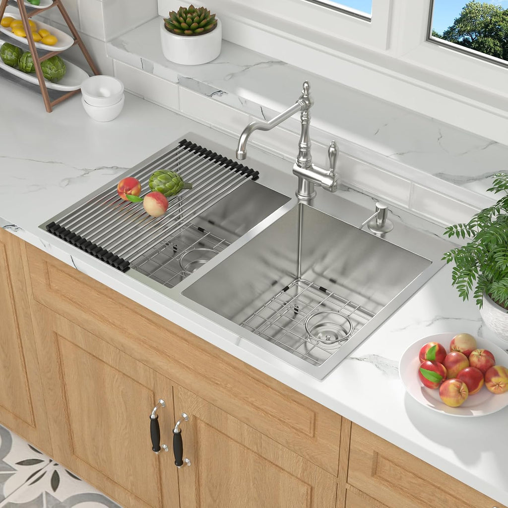 Mocoloo 33 Drop In Kitchen Sink Double Bowl 33 x 22 Drop Sink Double Bowl 50/50 T304 Stainless Steel 16 Gauge Topmount Handmade, 10 Inch Deep