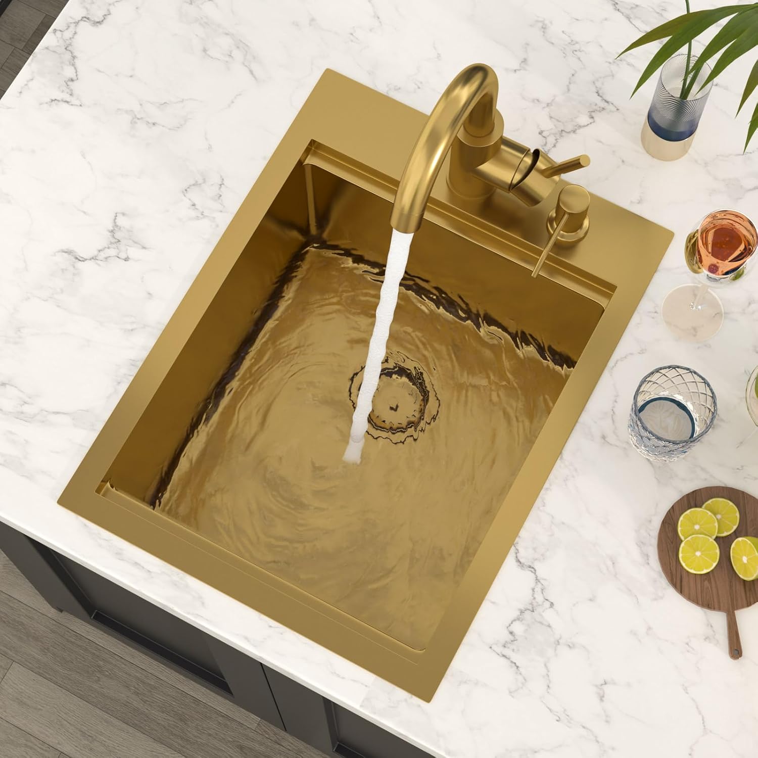 Bar Sink - Lordear 15x20 Inch Gold Bar Sink with Faucet Drop In Workstation 16 Gauge T304 Stainless Steel Single Bowl Top Mount Wet Bar RV Prep Outdoor Kitchen Sink 15x20x9 Inch