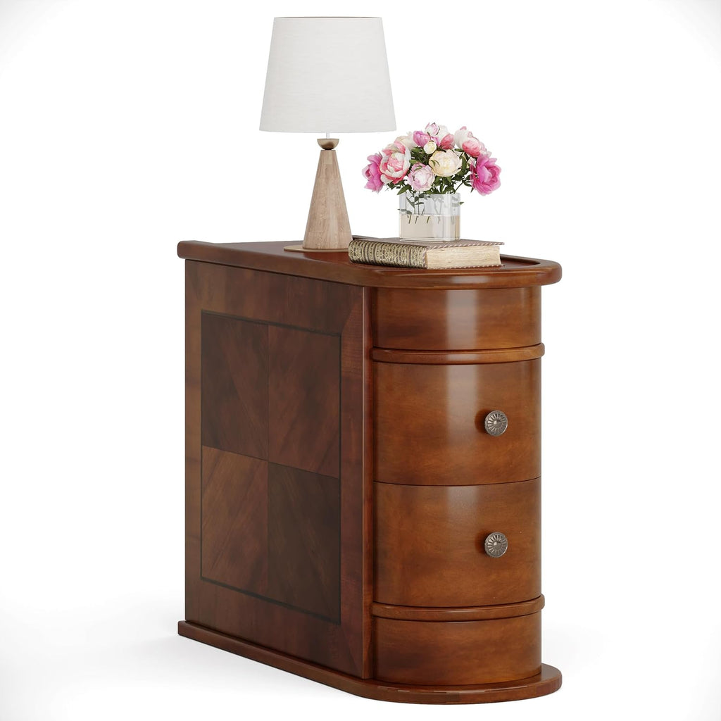 Wood End Table with 2 Drawers, No Assembly Required Narrow Sofa Side Table for Living Room, Vintage Slim Nightstand Bedside Table for Bedroom (2 Drawers, Brown, 2 Pcs)