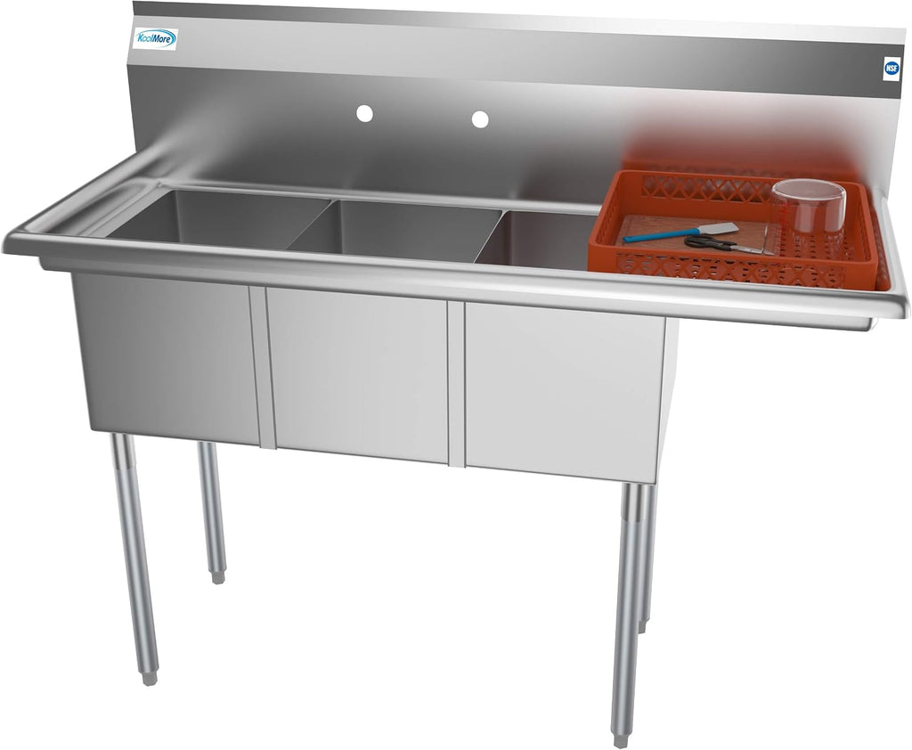 KoolMore - SC121610-12R3 3 Compartment Stainless Steel NSF Commercial Kitchen Sink with Drainboard - Bowl Size 12' x 16' x 10', Silver