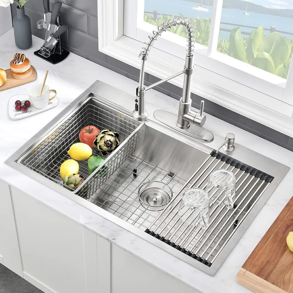 32 Inch Kitchen Sink Drop In Workstation-VASOYO 32x22 Stainless Steel Drop In Kitchen Sink Workstation 16 Gauge Single Bowl Deep Top Mount Sinks Stainless Sinks with Cutting Board