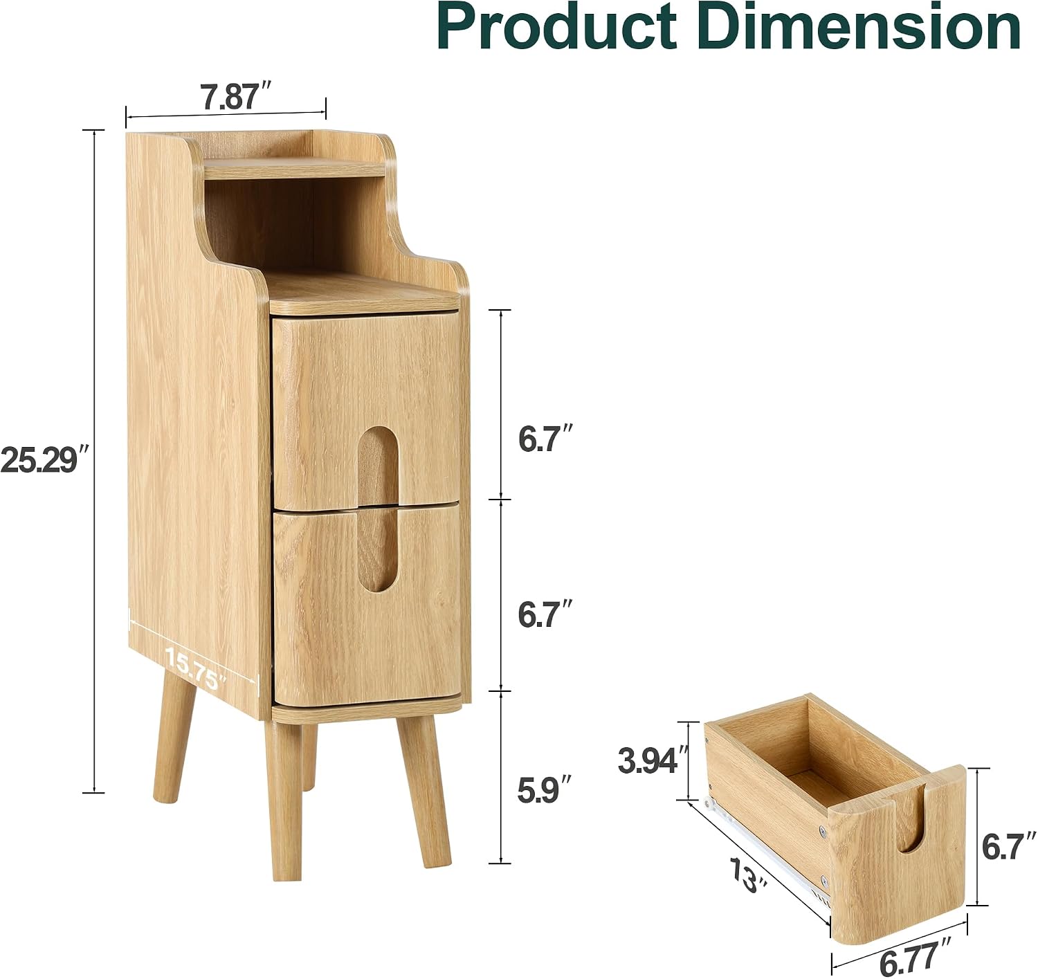 Small Nightstand Set of 2, Wood 2 Drawer Narrow Nightstand, Slim Side Table, Modern Skinny End Bedside Table, Natural Wood Night Stand with Drawers for Bedroom (Natural-2 pcs)