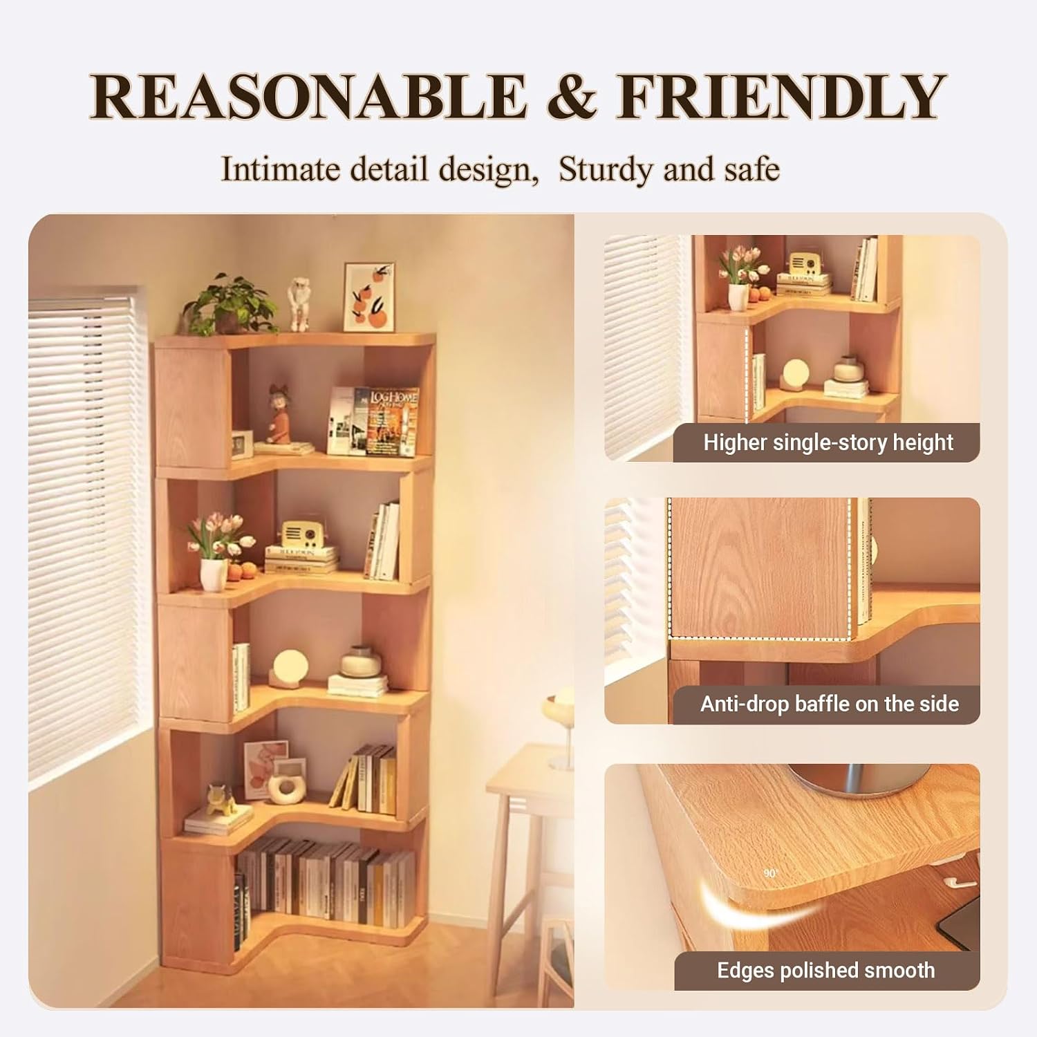 5-Tier L-Shaped Bookshelf, Wooden Tall Corner Shelf with Open Shelf Units, Decorative Display Storage Shelves for Living Room Bedroom Study Office, (Wood Grain)