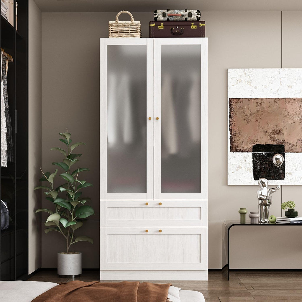 MOUMON Modern Wardrobe with Drawers, Bedroom Armoires with Frosted Glass Doors and Hanging Rod, Armoire Wardrobe Closet with Gold Knobs, Wood Grain 31.5' W x 19.9' D x 70.9' H