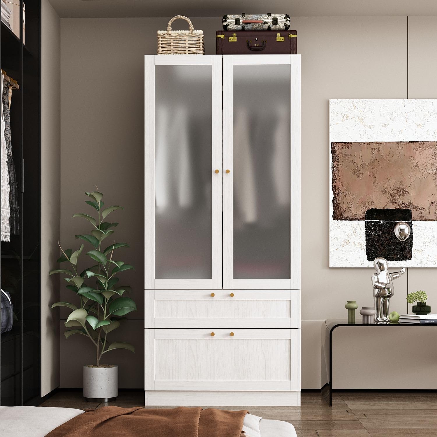 MOUMON Modern Wardrobe with Drawers, Bedroom Armoires with Frosted Glass Doors and Hanging Rod, Armoire Wardrobe Closet with Gold Knobs, Wood Grain 31.5' W x 19.9' D x 70.9' H