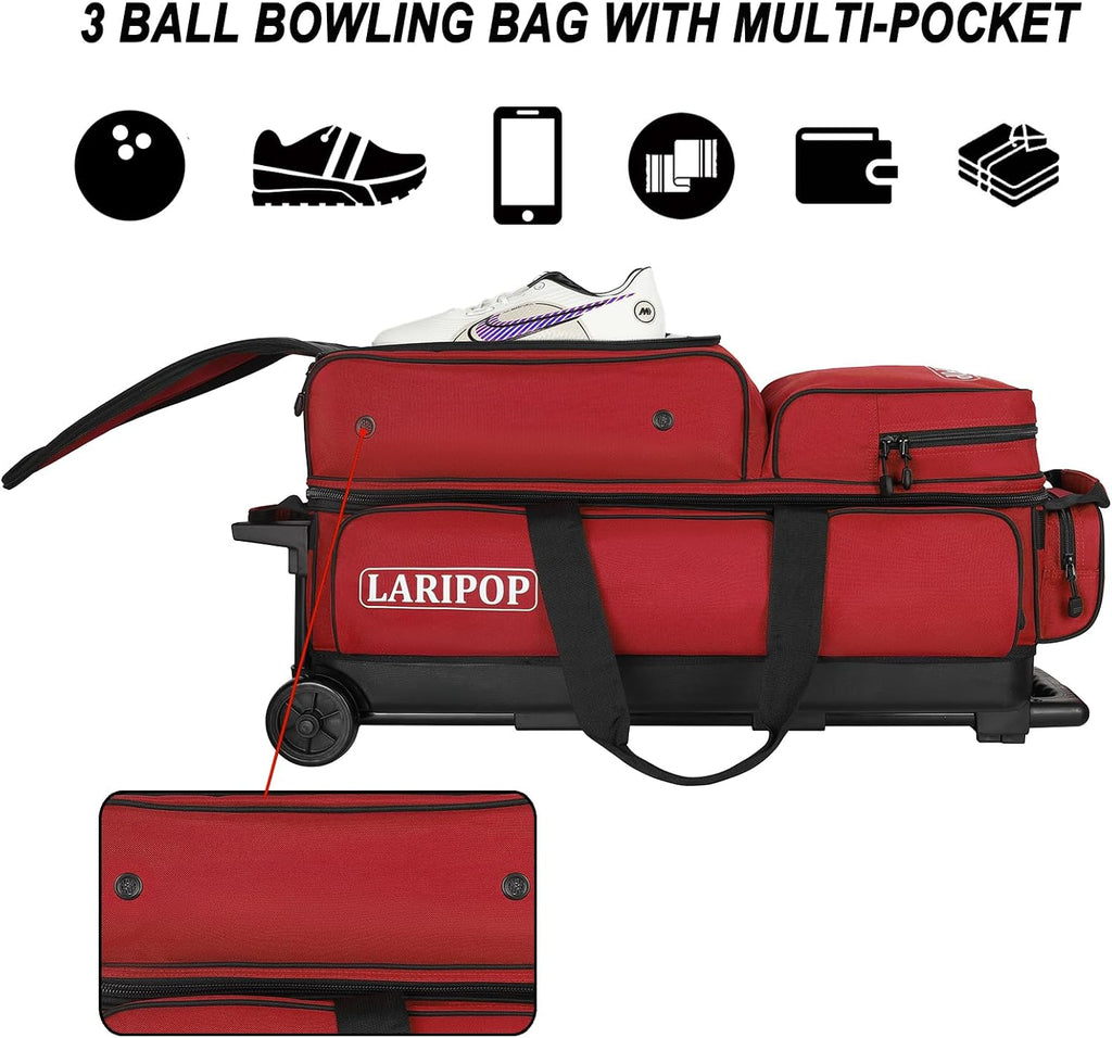LARIPOP 3 Ball Bowling Bag with Wheels and Shoe Compartment, Rolling Bowling Bag for 3 Balls, Heavy Duty Bowling Roller Bag with Retractable Handle for Men Women