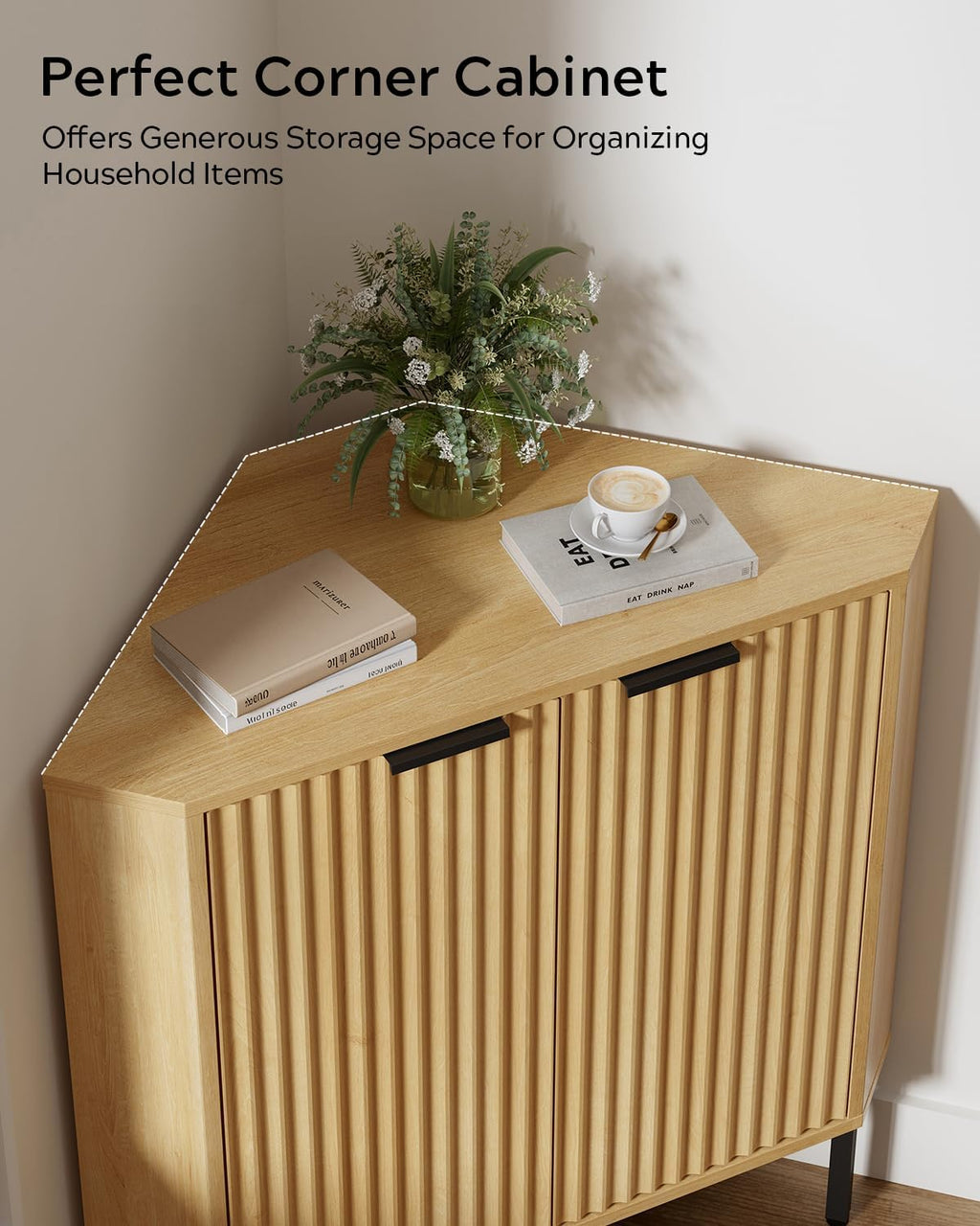 Modern Corner Cabinet, Fluted Small Floor Storage Cabinet with Adjustable Shelf, Freestanding Narrow Organizer for Living Room Kitchen, Natural Oak